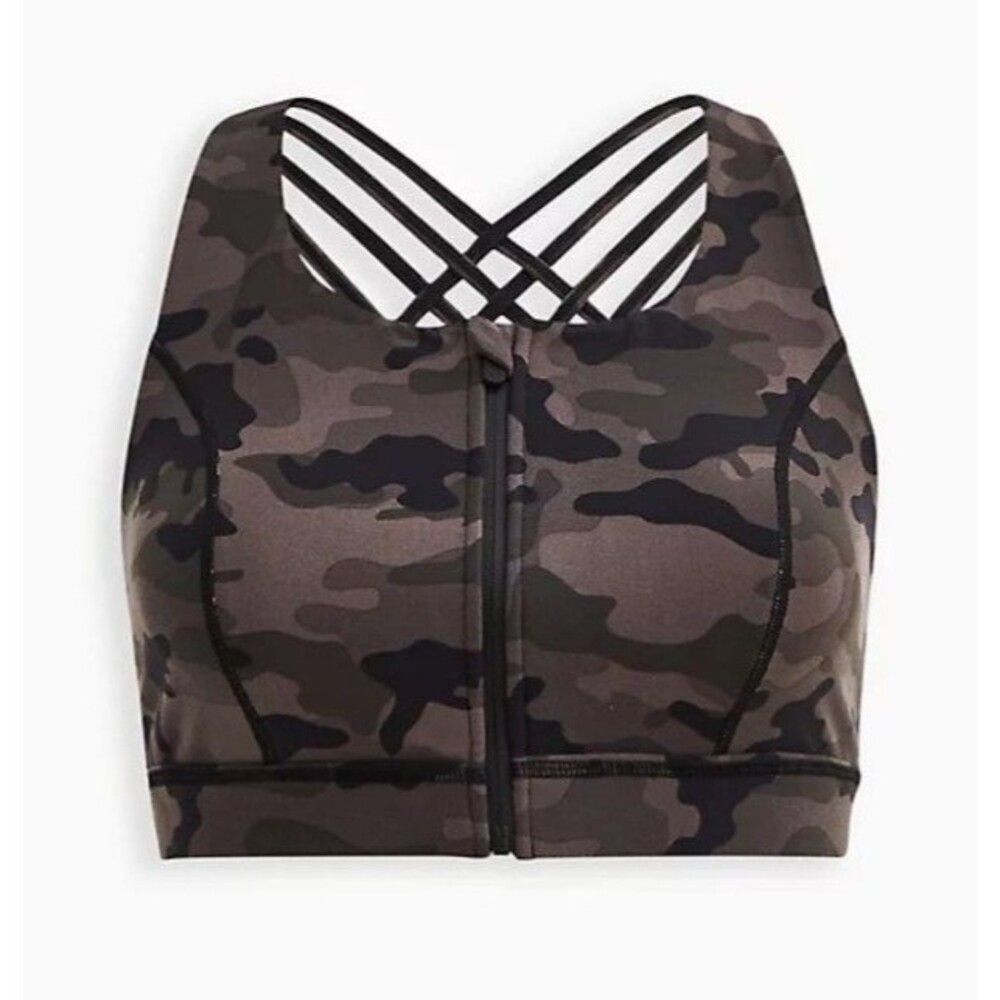 TORRID HAPPY CAMPER ZIP FRONT BRA PERFORMANCE CORE CAMO GREY SIZE 0, 12, L NWT